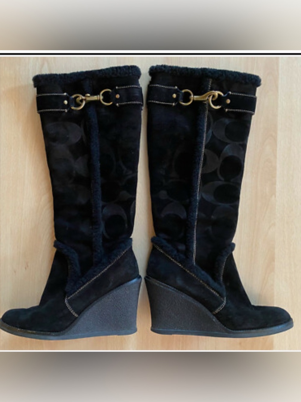 COACH Black Wedge Knee-High Boots with Logo Print & Brass Buckle, size 8.5
